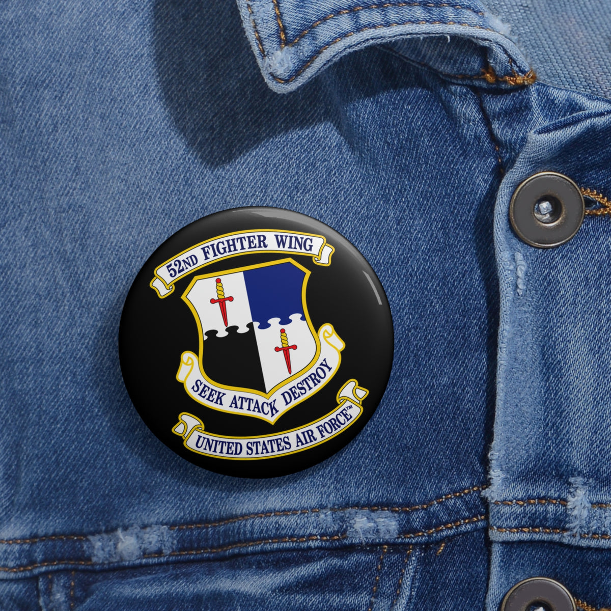 Custom Pin Button - 52nd Fighter Wing - Shield - United States Air Force w TM