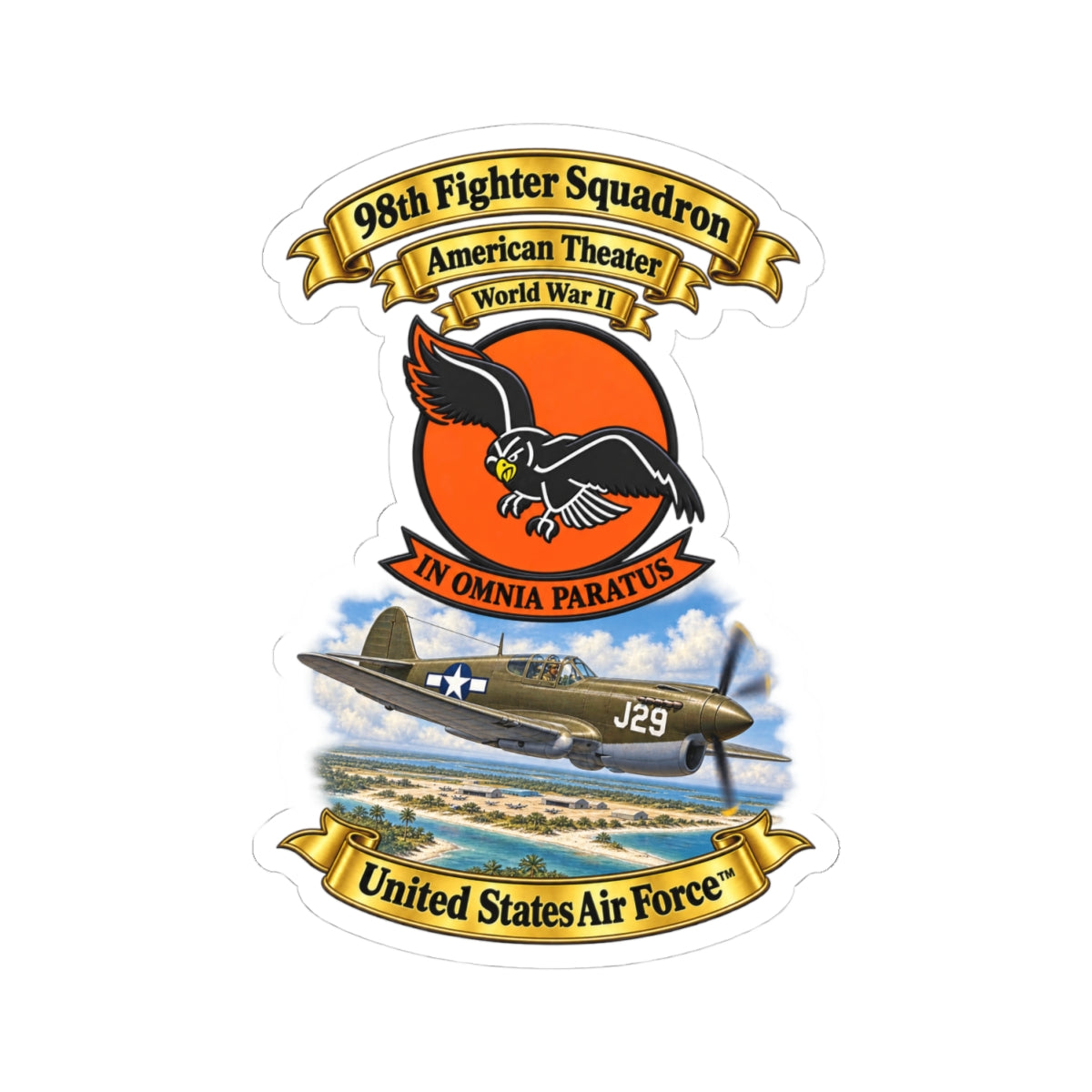 Kiss-Cut Stickers - 98th Fighter - Intceptor Squadron - SSI - American Theater - USAAF -w P40 Warhawk Scene - 3D - Transparent