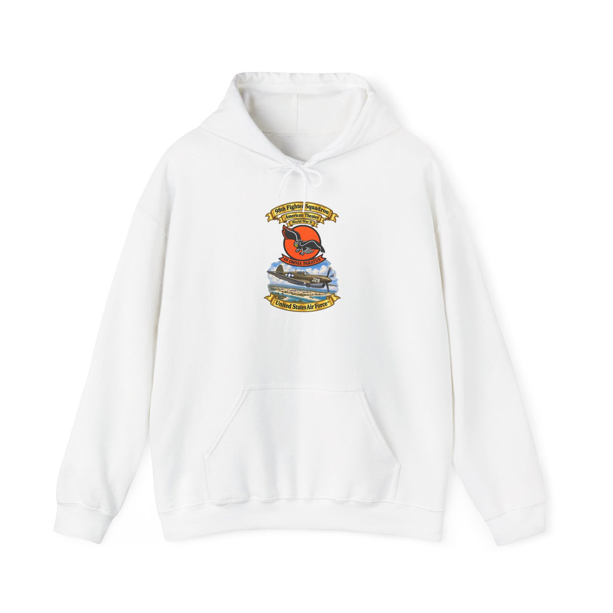 Unisex Heavy Blend Hooded Sweatshirt - 98th Fighter - Intceptor Squadron - SSI - American Theater - USAAF -w P40 Warhawk Scene - 3D - Transparent