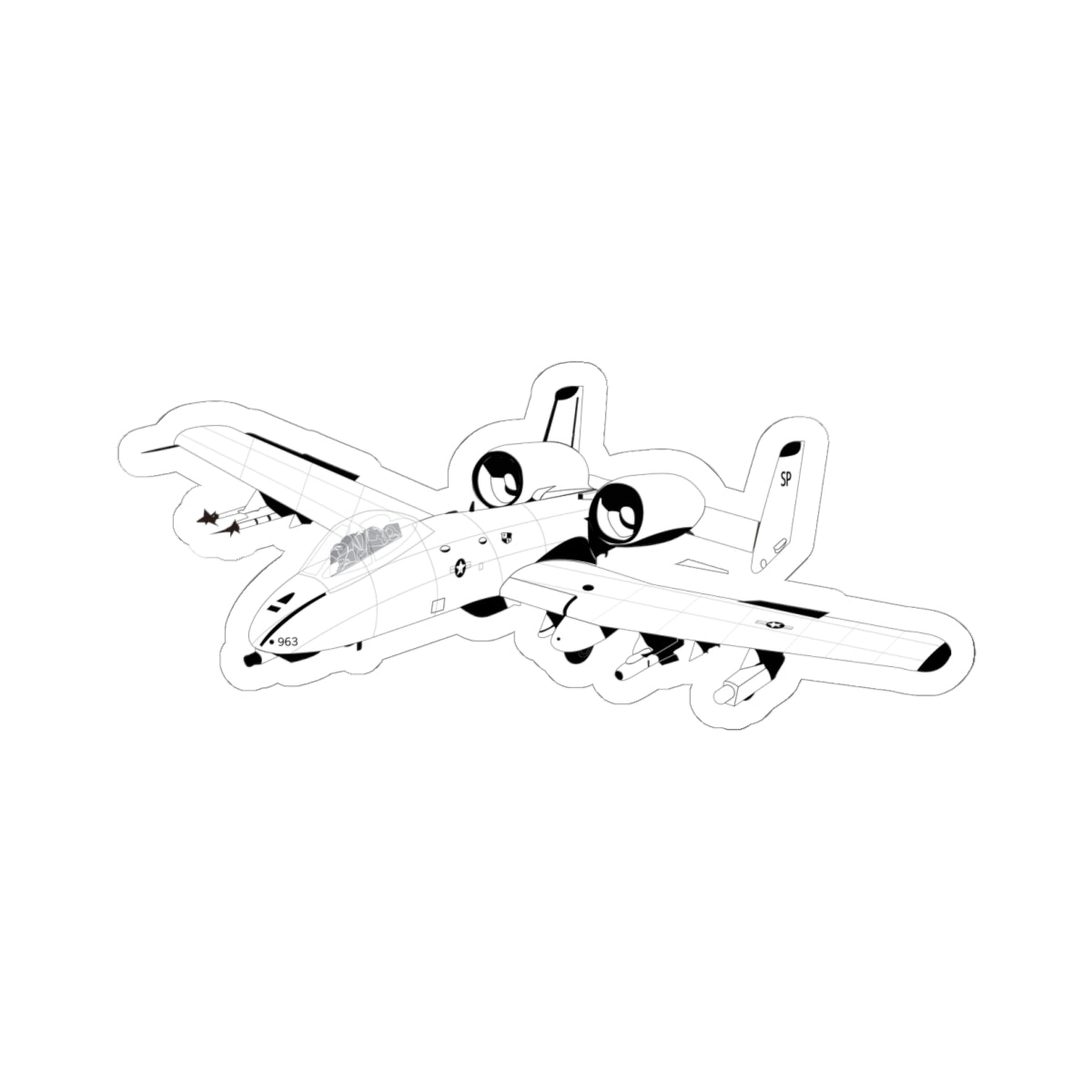 Kiss-Cut Stickers - Aircraft - A10 - Front - Top - Oblique - BW X 300
