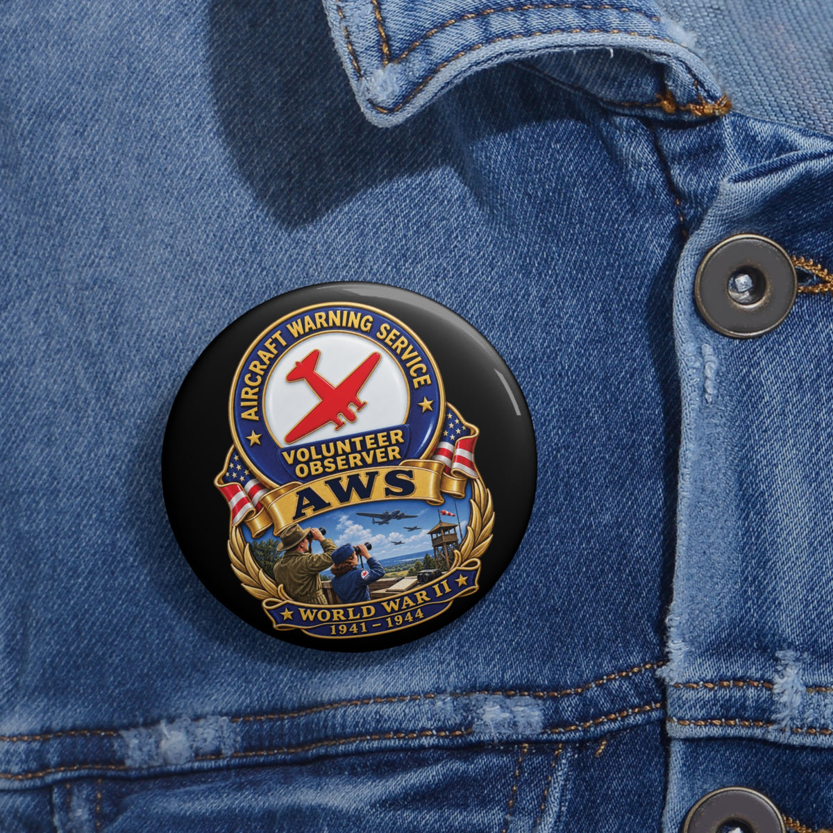 Custom Pin Button - Aircraft Warning Service (AWS) WWII - 3D - Enhanced