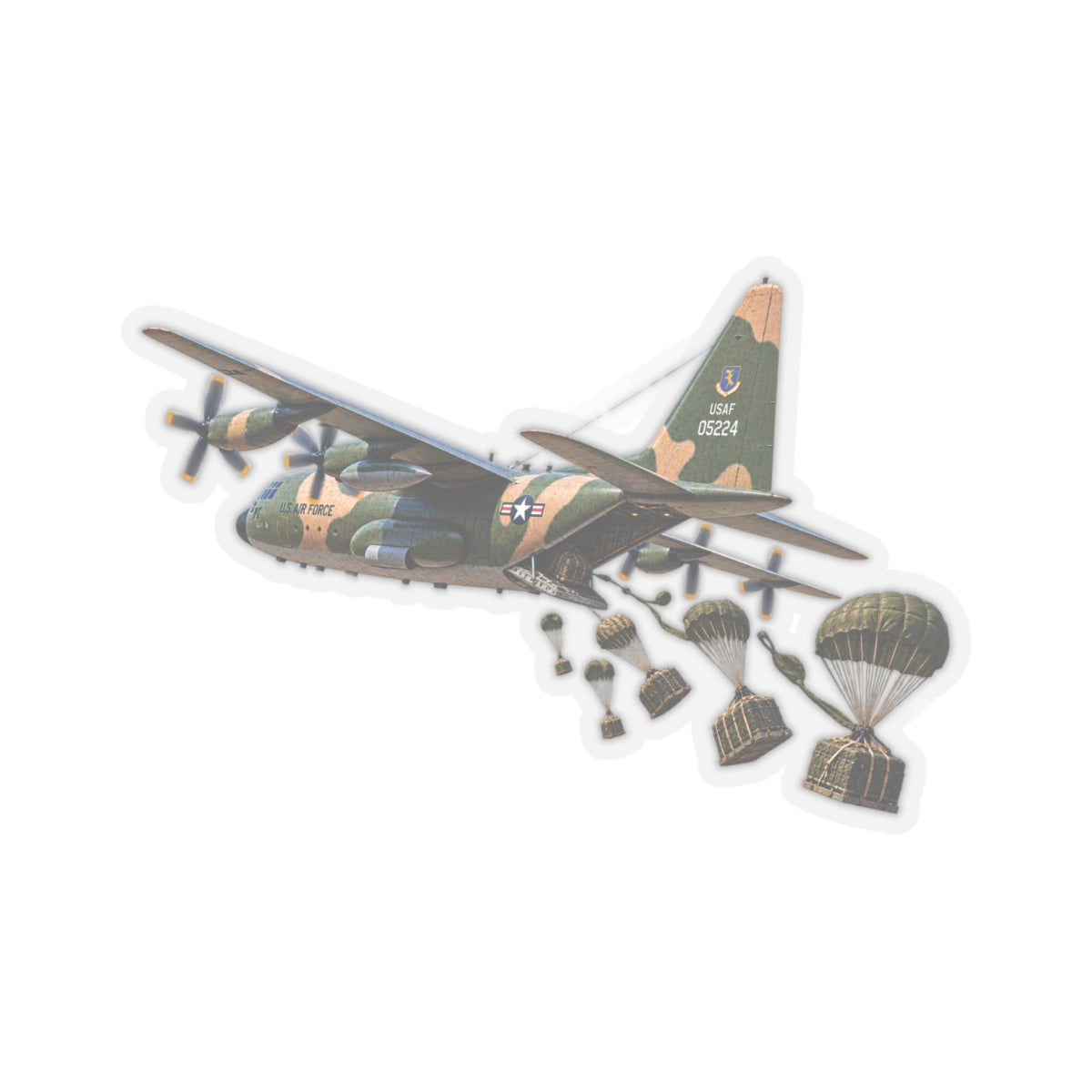 Kiss-Cut Stickers - C-130  Aircraft - Camo - Dropping Cargo Bundles