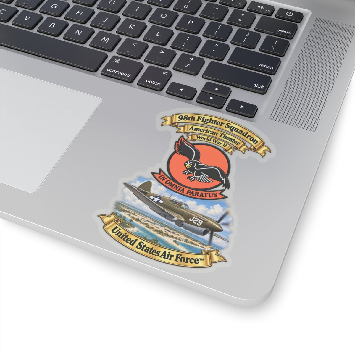 Kiss-Cut Stickers - 98th Fighter - Intceptor Squadron - SSI - American Theater - USAAF -w P40 Warhawk Scene - 3D - Transparent
