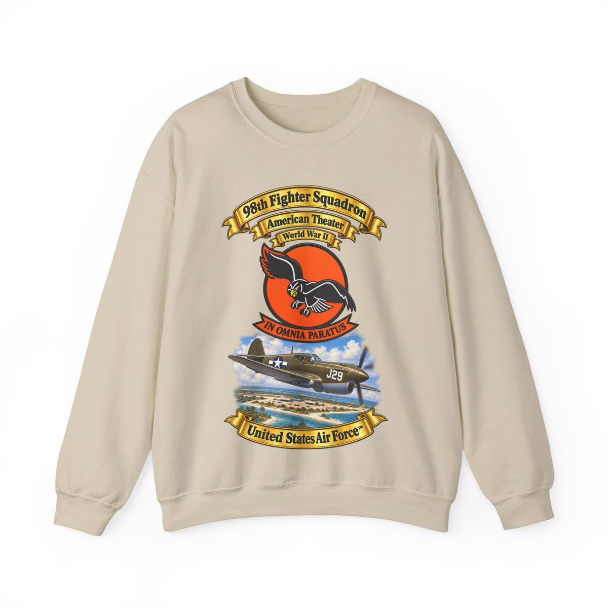 Crewneck Sweatshirt - 98th Fighter - Intceptor Squadron - SSI - American Theater - USAAF -w P40 Warhawk Scene - 3D - Transparent