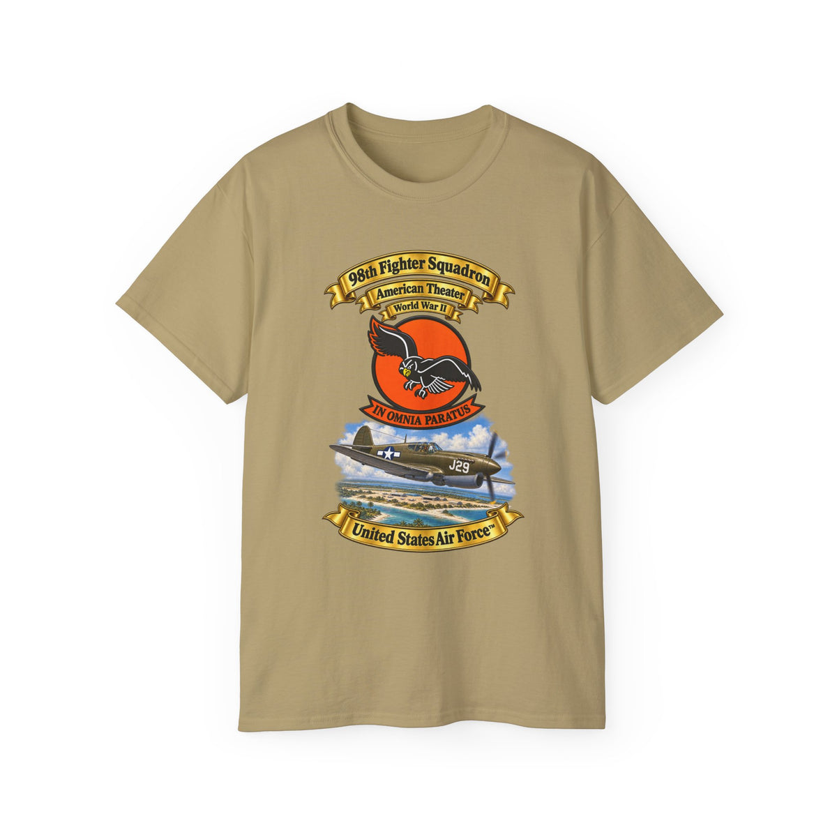 Unisex Ultra Cotton Tee - 98th Fighter - Intceptor Squadron - SSI - American Theater - USAAF -w P40 Warhawk Scene - 3D - Transparent