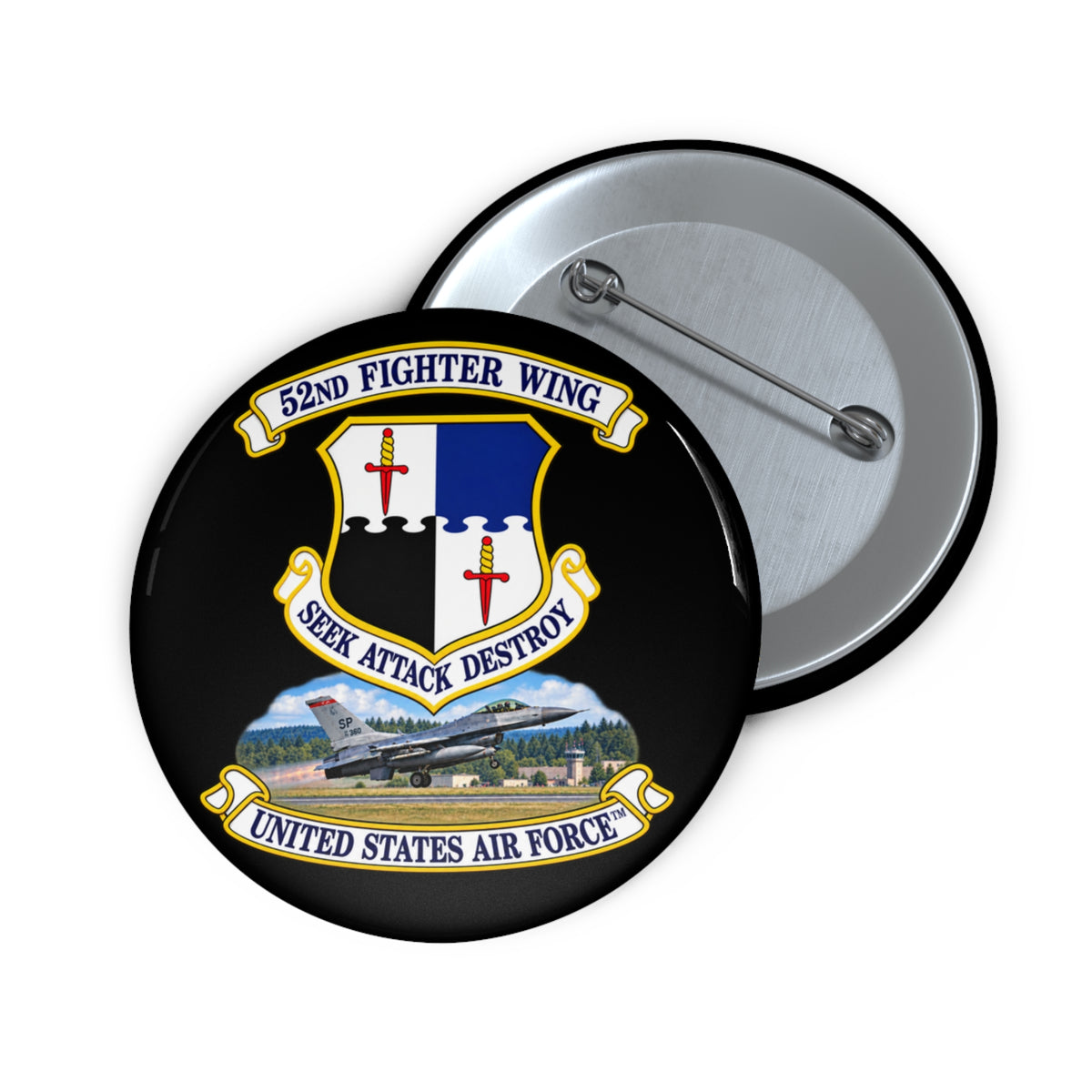 Custom Pin Button - 52nd Fighter Wing - Shield - United States Air Force w scene and TM