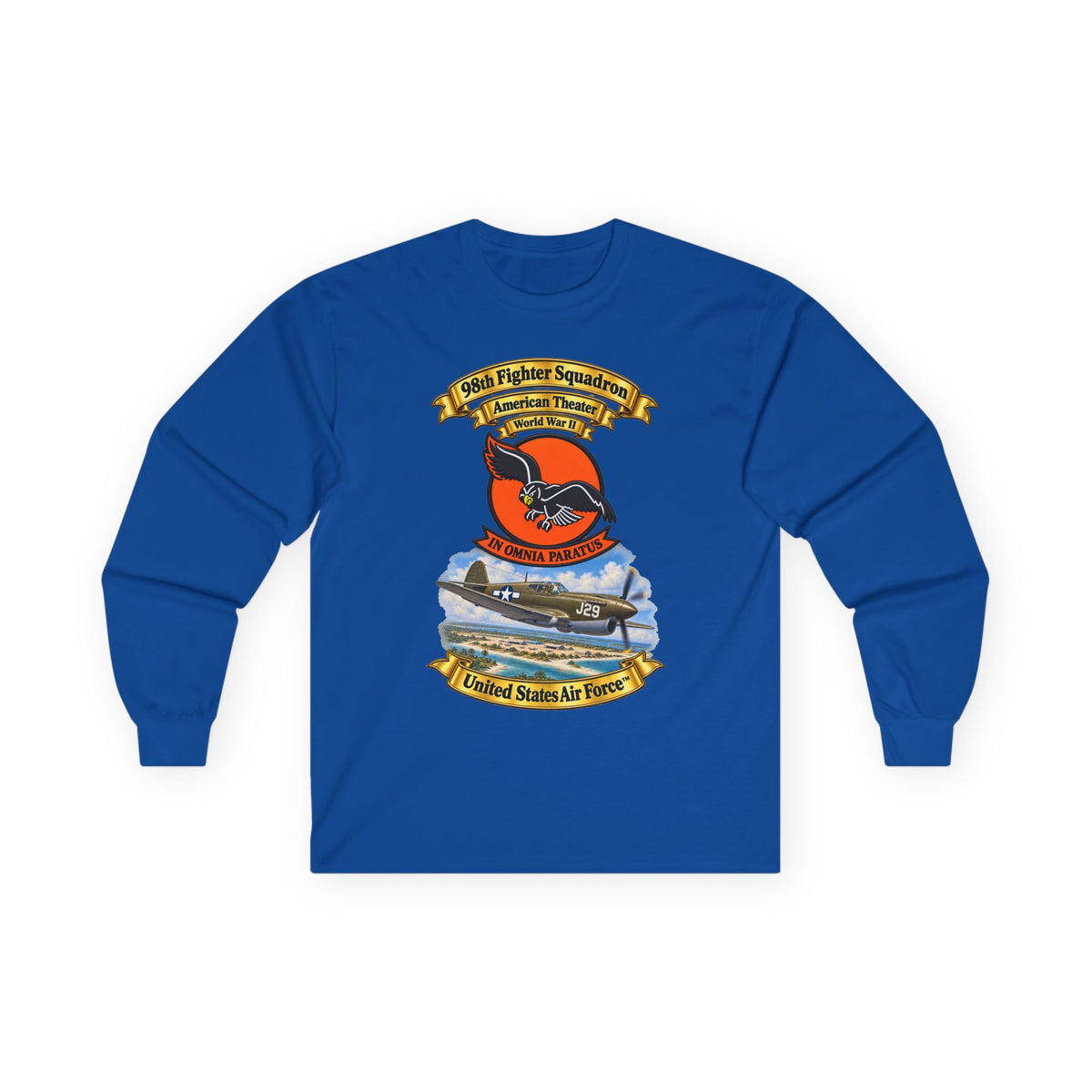 Unisex Ultra Cotton Long Sleeve Tee - 98th Fighter - Intceptor Squadron - SSI - American Theater - USAAF -w P40 Warhawk Scene - 3D - Transparent
