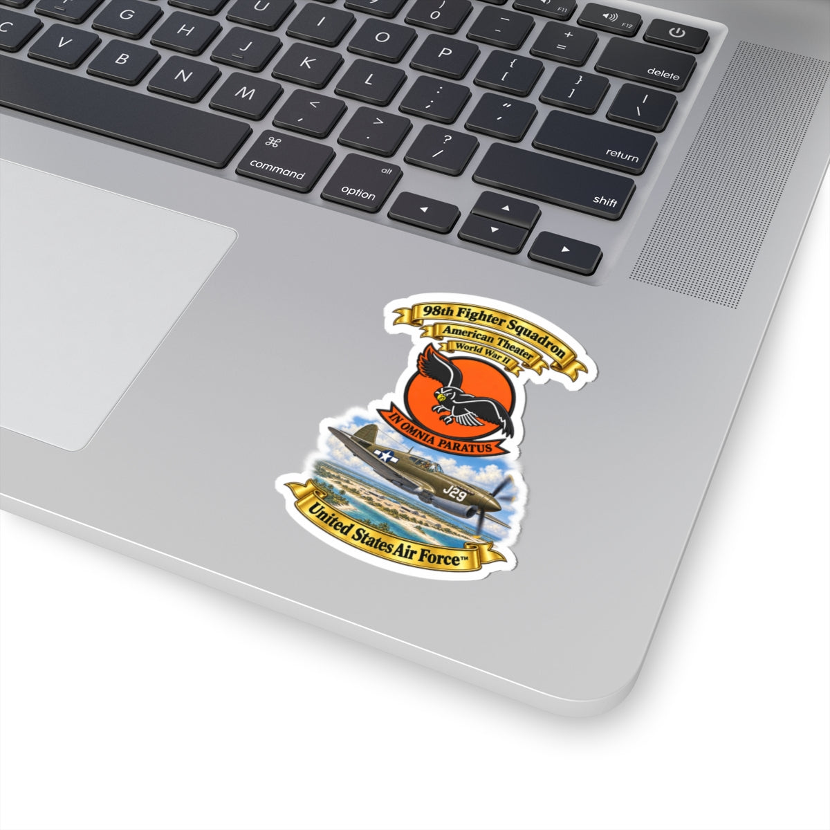 Kiss-Cut Stickers - 98th Fighter - Intceptor Squadron - SSI - American Theater - USAAF -w P40 Warhawk Scene - 3D - Transparent