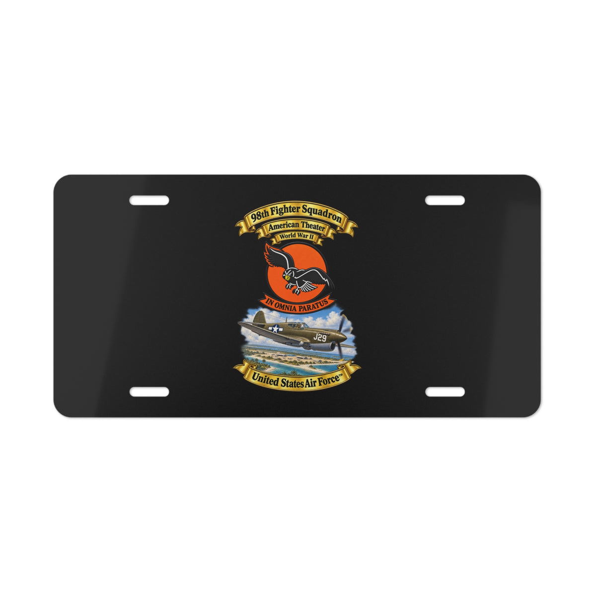 License Plate - 98th Fighter - Intceptor Squadron - SSI - American Theater - USAAF -w P40 Warhawk Scene - 3D - Transparent