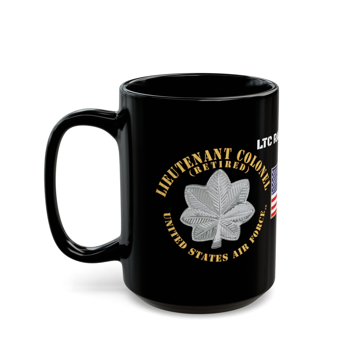 Retired U.S. Air Force Black Mug – Personalized LTC Rasmussen, American Flag (15oz)