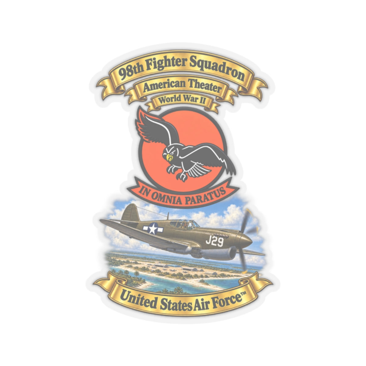 Kiss-Cut Stickers - 98th Fighter - Intceptor Squadron - SSI - American Theater - USAAF -w P40 Warhawk Scene - 3D - Transparent
