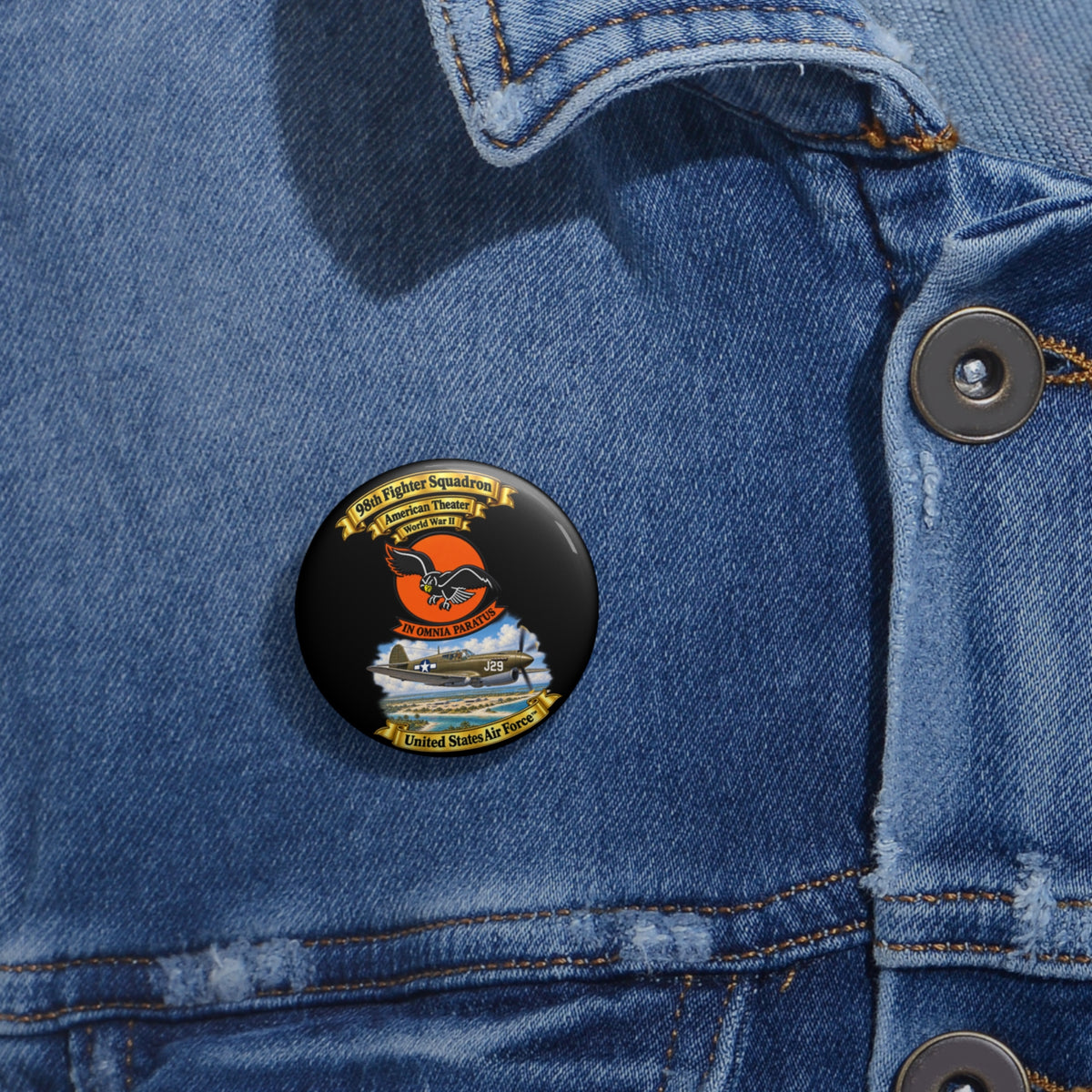 Custom Pin Button - 98th Fighter - Intceptor Squadron - SSI - American Theater - USAAF -w P40 Warhawk Scene - 3D - Transparent