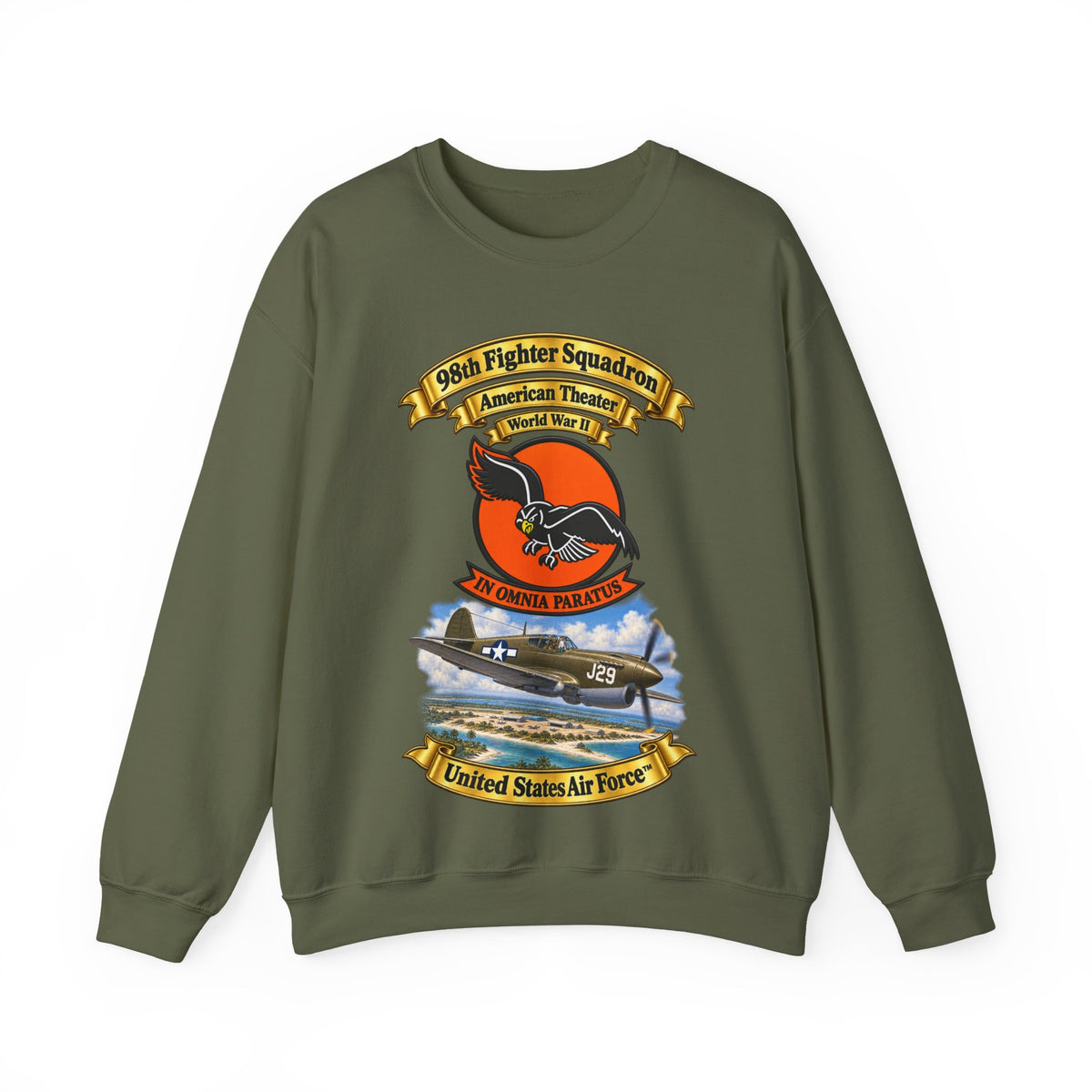 Crewneck Sweatshirt - 98th Fighter - Intceptor Squadron - SSI - American Theater - USAAF -w P40 Warhawk Scene - 3D - Transparent
