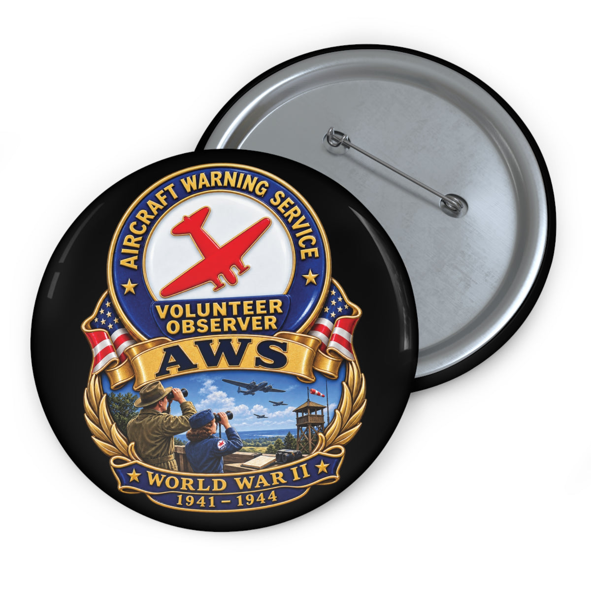Custom Pin Button - Aircraft Warning Service (AWS) WWII - 3D - Enhanced