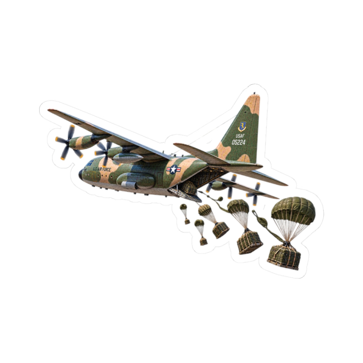 Kiss-Cut Stickers - C-130  Aircraft - Camo - Dropping Cargo Bundles