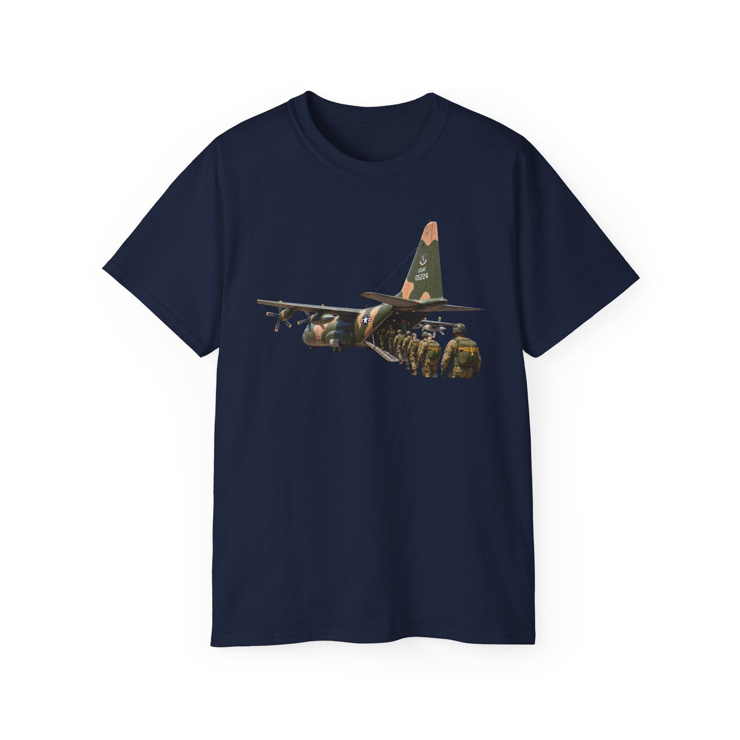 Unisex Ultra Cotton Tee - C-130  Aircraft - Camo - Paratrooper Ramp Load Single Line
