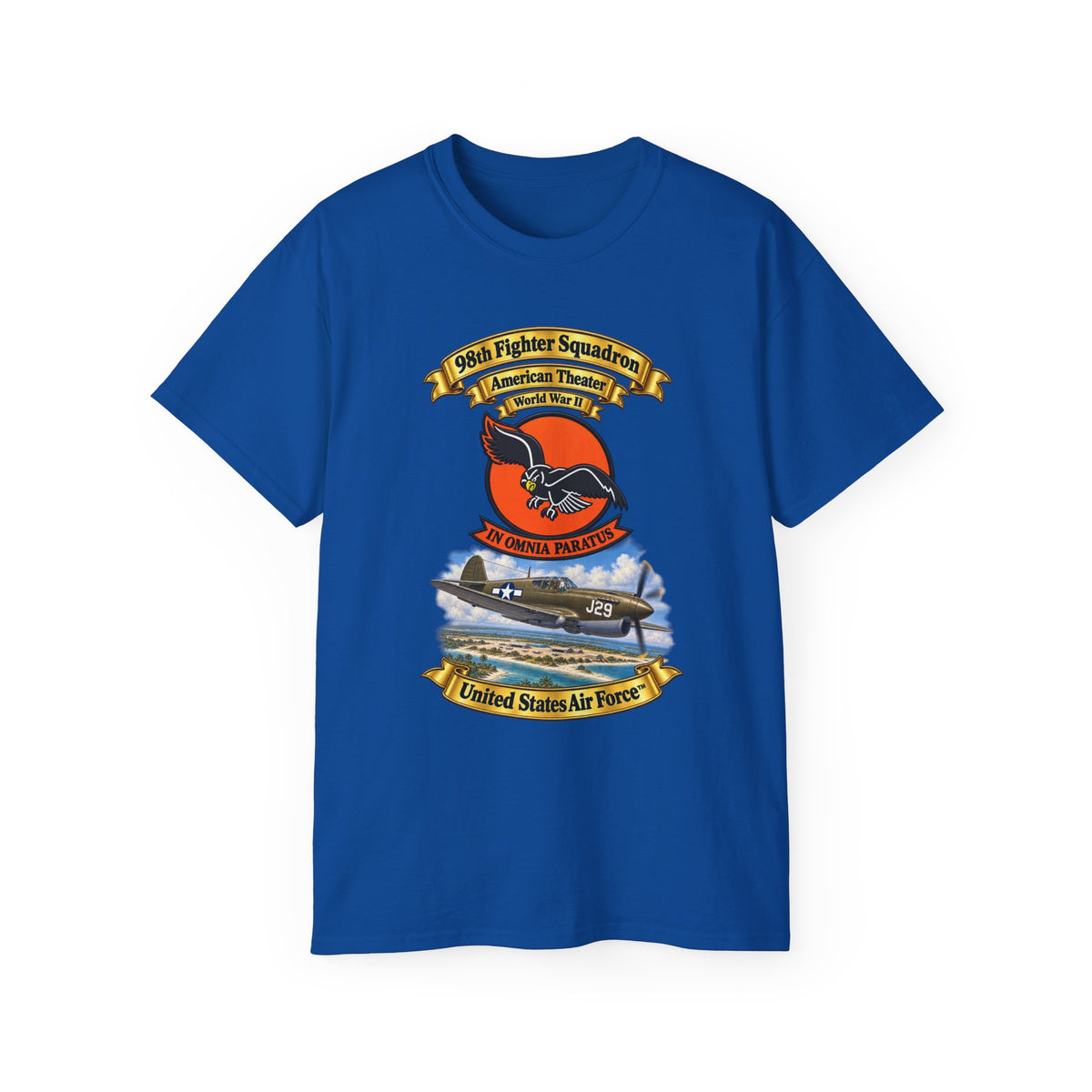 Unisex Ultra Cotton Tee - 98th Fighter - Intceptor Squadron - SSI - American Theater - USAAF -w P40 Warhawk Scene - 3D - Transparent