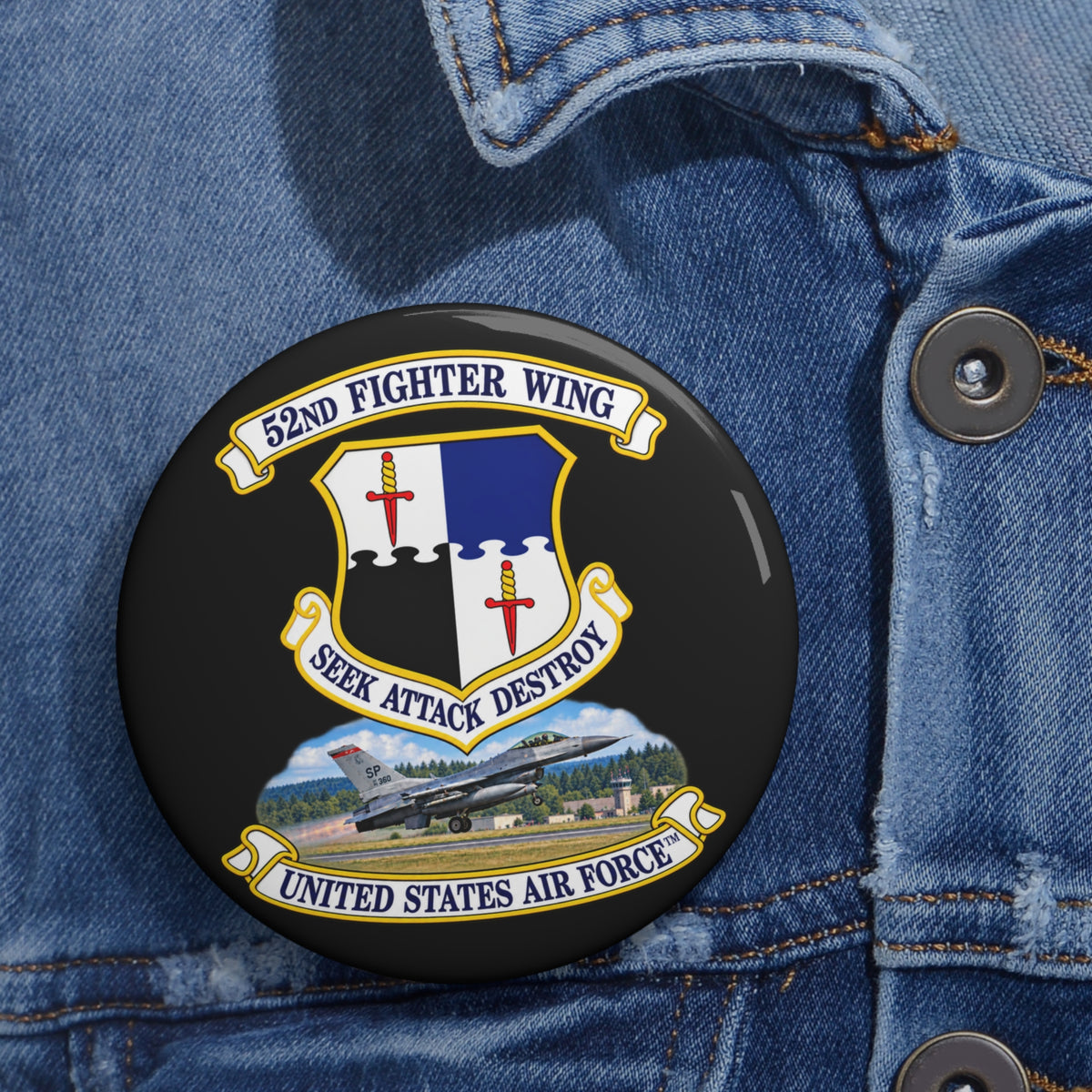 Custom Pin Button - 52nd Fighter Wing - Shield - United States Air Force w scene and TM