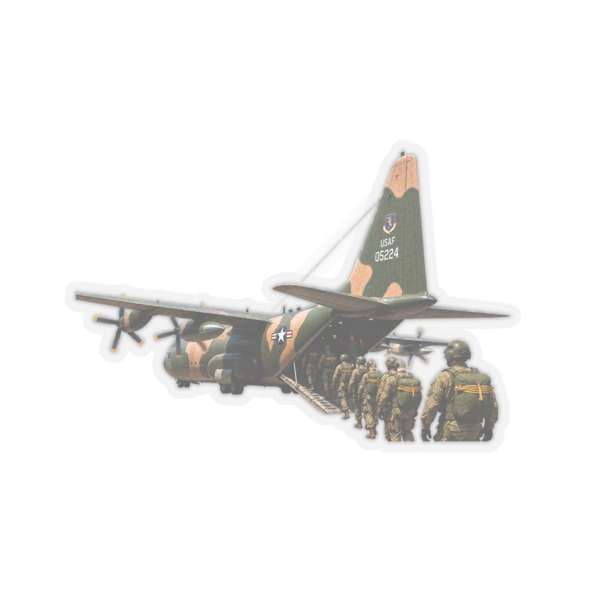Kiss-Cut Stickers - C-130  Aircraft - Camo - Paratrooper Ramp Load Single Line