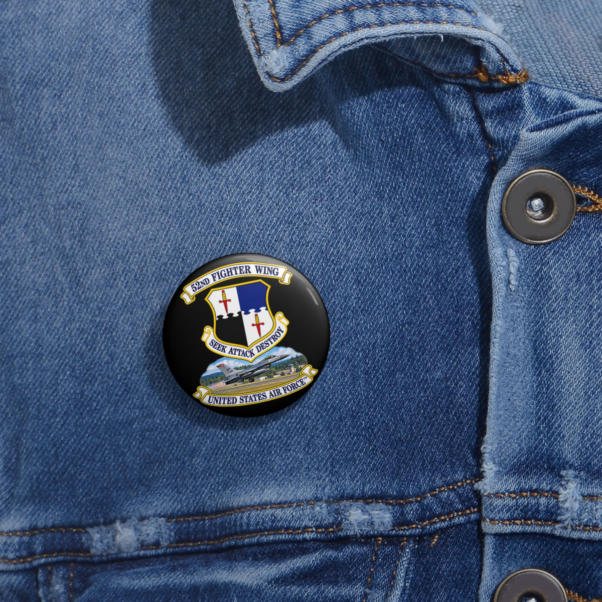 Custom Pin Button - 52nd Fighter Wing - Shield - United States Air Force w scene and TM