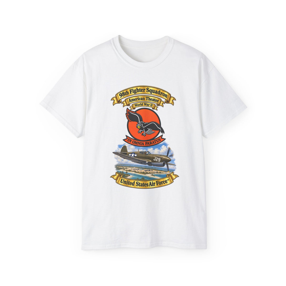 Unisex Ultra Cotton Tee - 98th Fighter - Intceptor Squadron - SSI - American Theater - USAAF -w P40 Warhawk Scene - 3D - Transparent