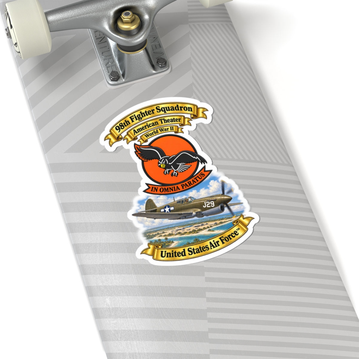 Kiss-Cut Stickers - 98th Fighter - Intceptor Squadron - SSI - American Theater - USAAF -w P40 Warhawk Scene - 3D - Transparent