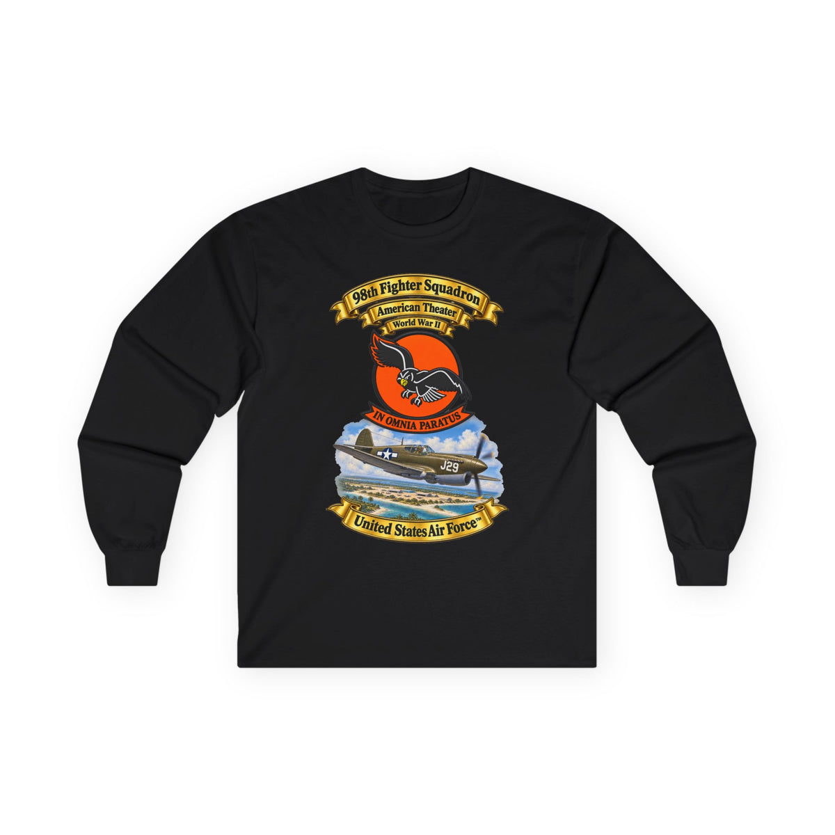 Unisex Ultra Cotton Long Sleeve Tee - 98th Fighter - Intceptor Squadron - SSI - American Theater - USAAF -w P40 Warhawk Scene - 3D - Transparent