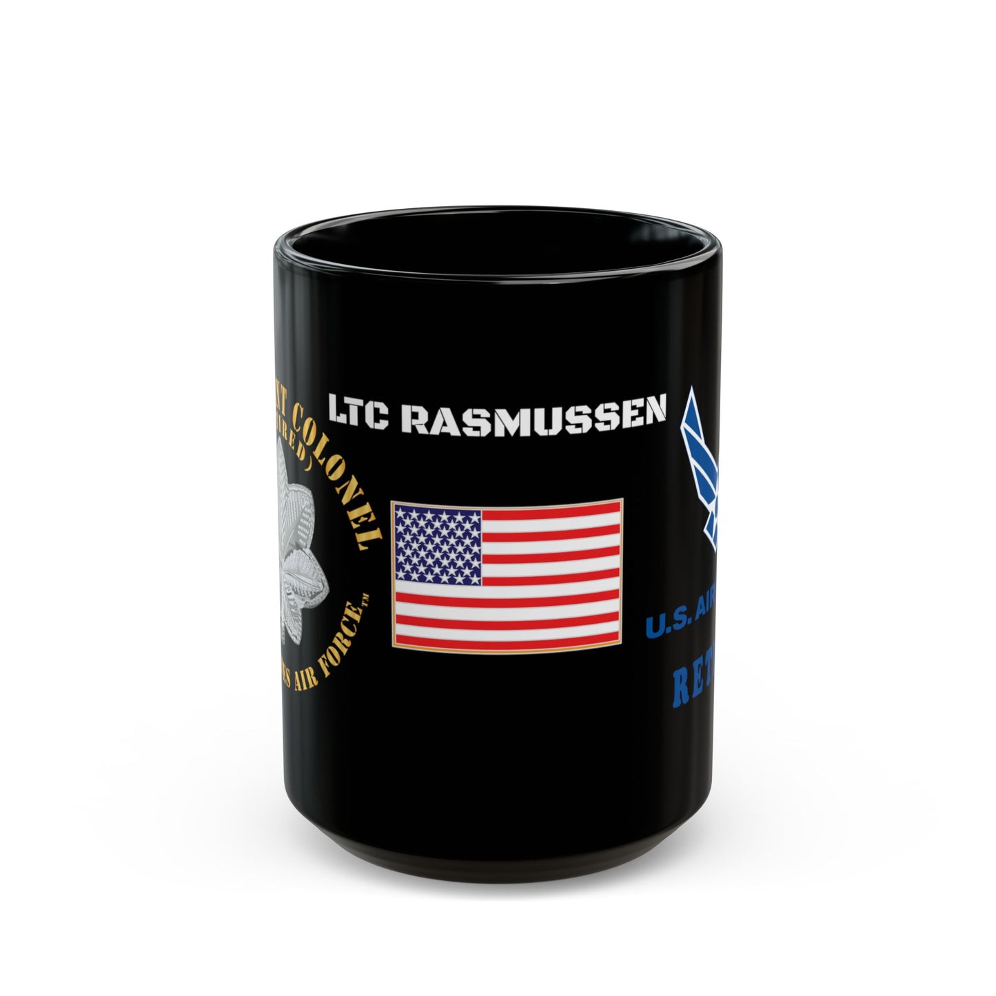 Retired U.S. Air Force Black Mug – Personalized LTC Rasmussen, American Flag (15oz)