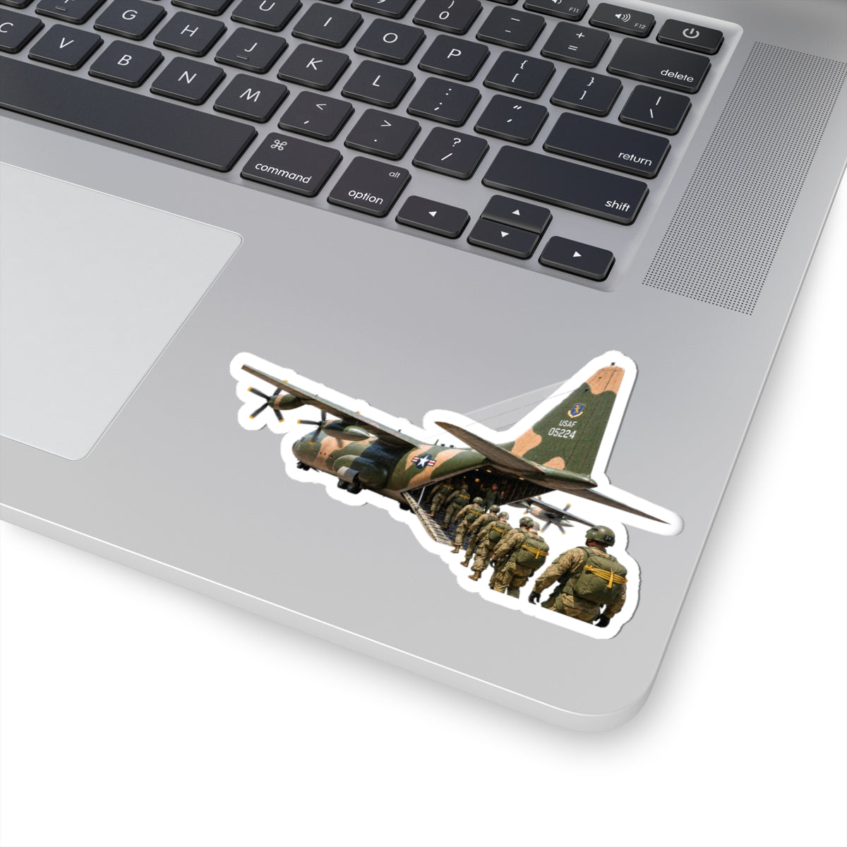 Kiss-Cut Stickers - C-130  Aircraft - Camo - Paratrooper Ramp Load Single Line