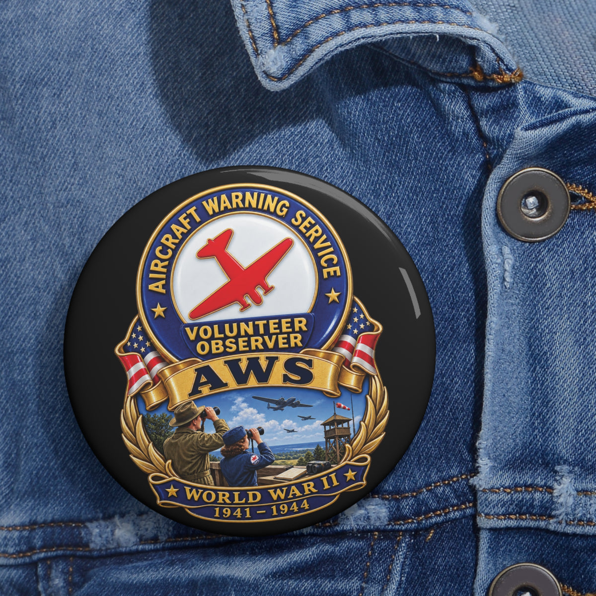 Custom Pin Button - Aircraft Warning Service (AWS) WWII - 3D - Enhanced