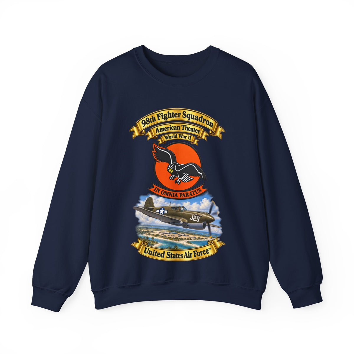 Crewneck Sweatshirt - 98th Fighter - Intceptor Squadron - SSI - American Theater - USAAF -w P40 Warhawk Scene - 3D - Transparent