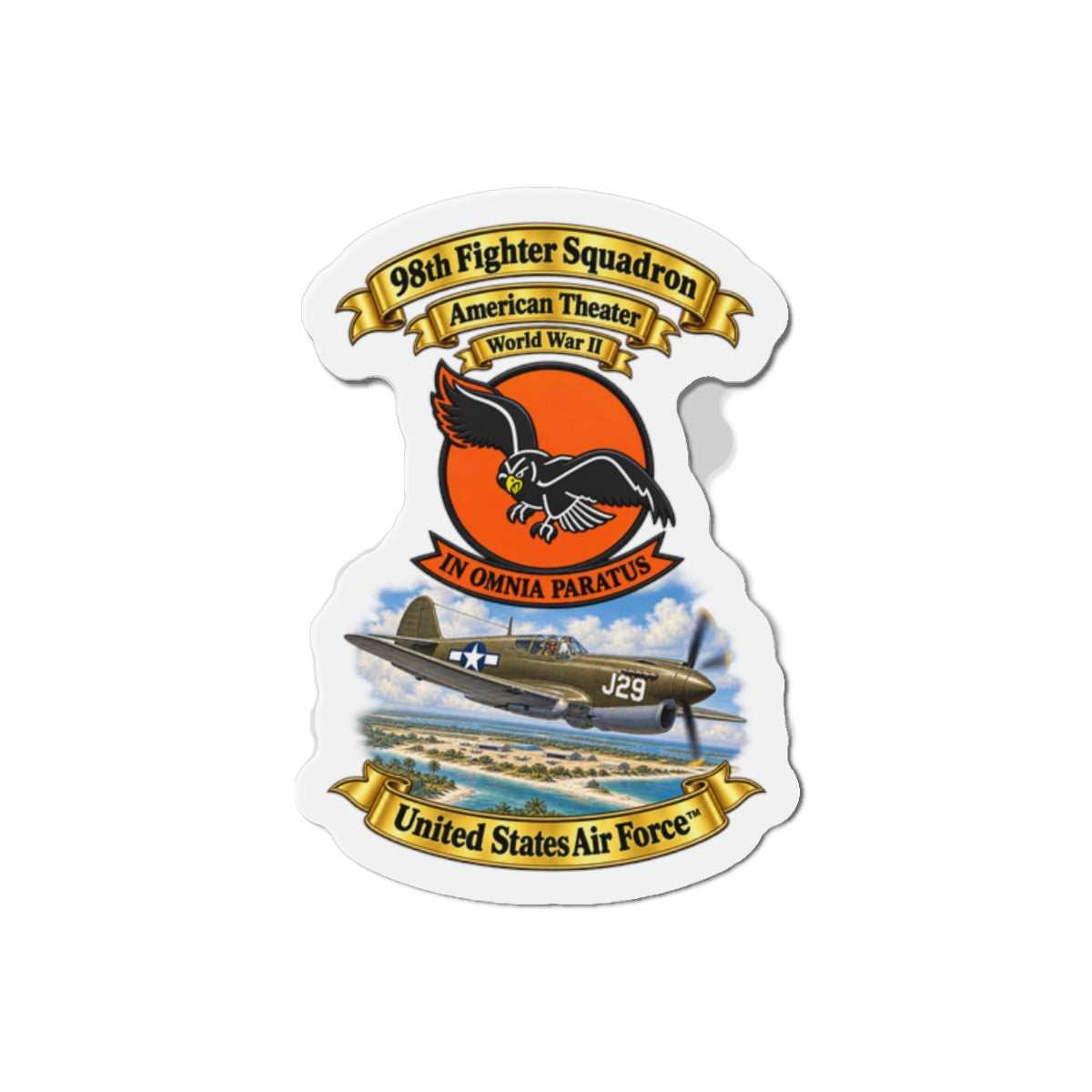 Die-Cut Magnet - 98th Fighter - Intceptor Squadron - SSI - American Theater - USAAF -w P40 Warhawk Scene - 3D - Transparent