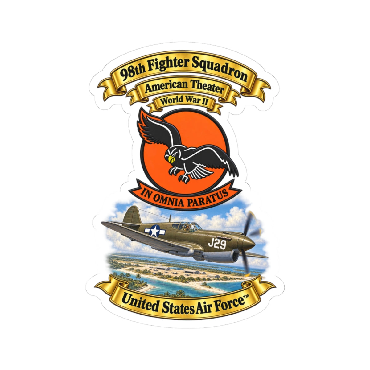 Kiss-Cut Stickers - 98th Fighter - Intceptor Squadron - SSI - American Theater - USAAF -w P40 Warhawk Scene - 3D - Transparent