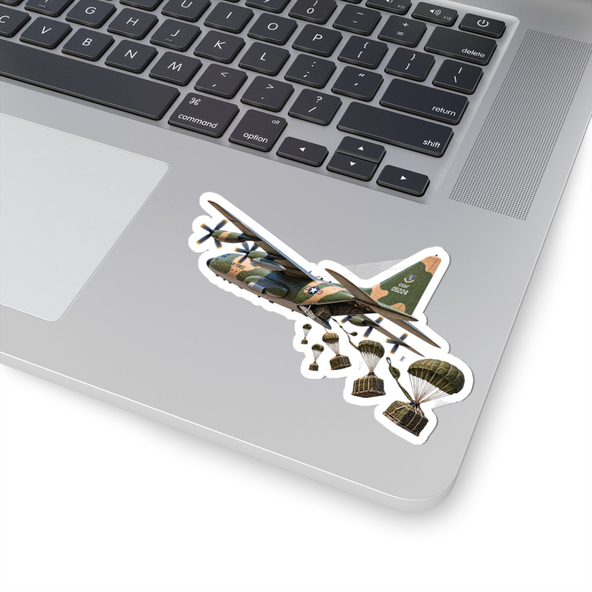 Kiss-Cut Stickers - C-130  Aircraft - Camo - Dropping Cargo Bundles
