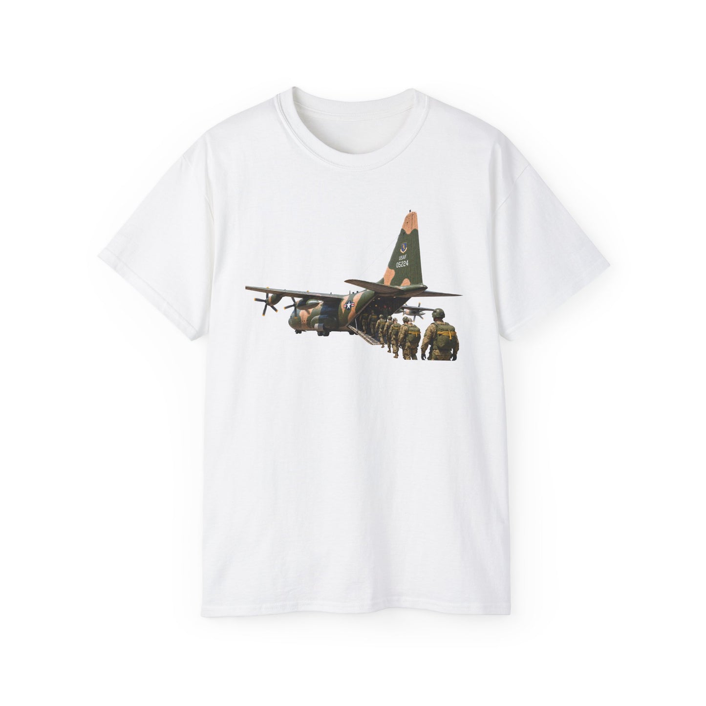 Unisex Ultra Cotton Tee - C-130  Aircraft - Camo - Paratrooper Ramp Load Single Line