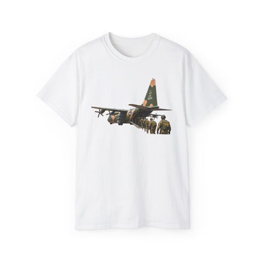 Unisex Ultra Cotton Tee - C-130  Aircraft - Camo - Paratrooper Ramp Load Single Line