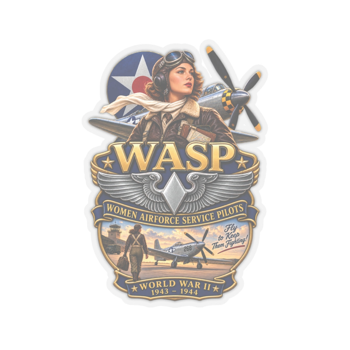 Kiss-Cut Stickers - WASP - Women Airforce Service Pilot - WWII - 3D - Enhanced