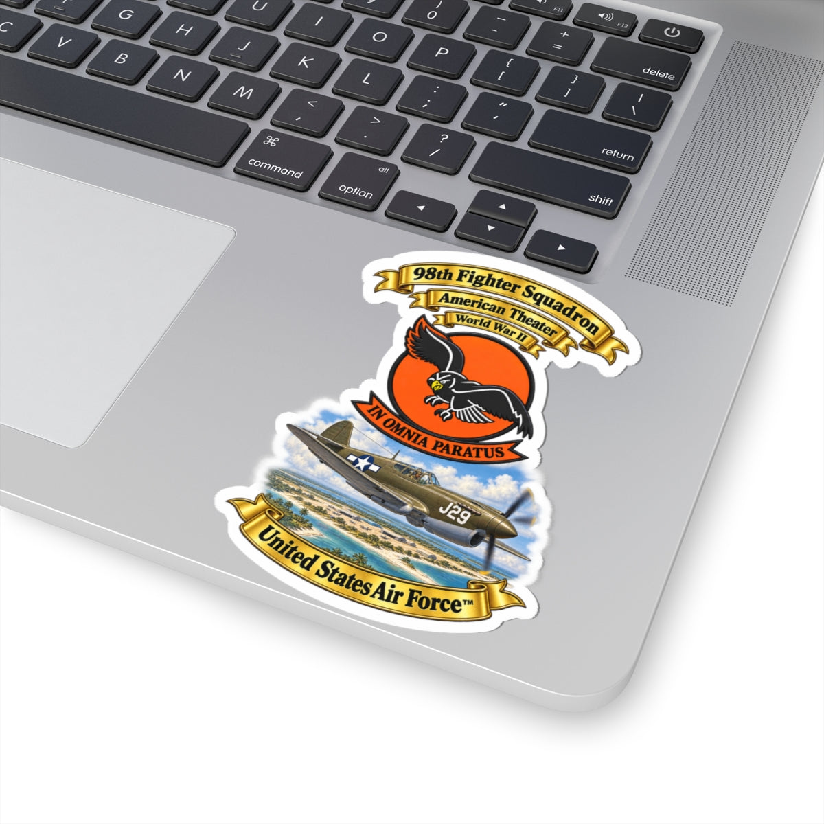 Kiss-Cut Stickers - 98th Fighter - Intceptor Squadron - SSI - American Theater - USAAF -w P40 Warhawk Scene - 3D - Transparent