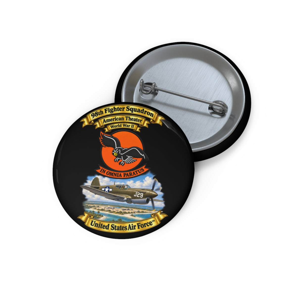 Custom Pin Button - 98th Fighter - Intceptor Squadron - SSI - American Theater - USAAF -w P40 Warhawk Scene - 3D - Transparent