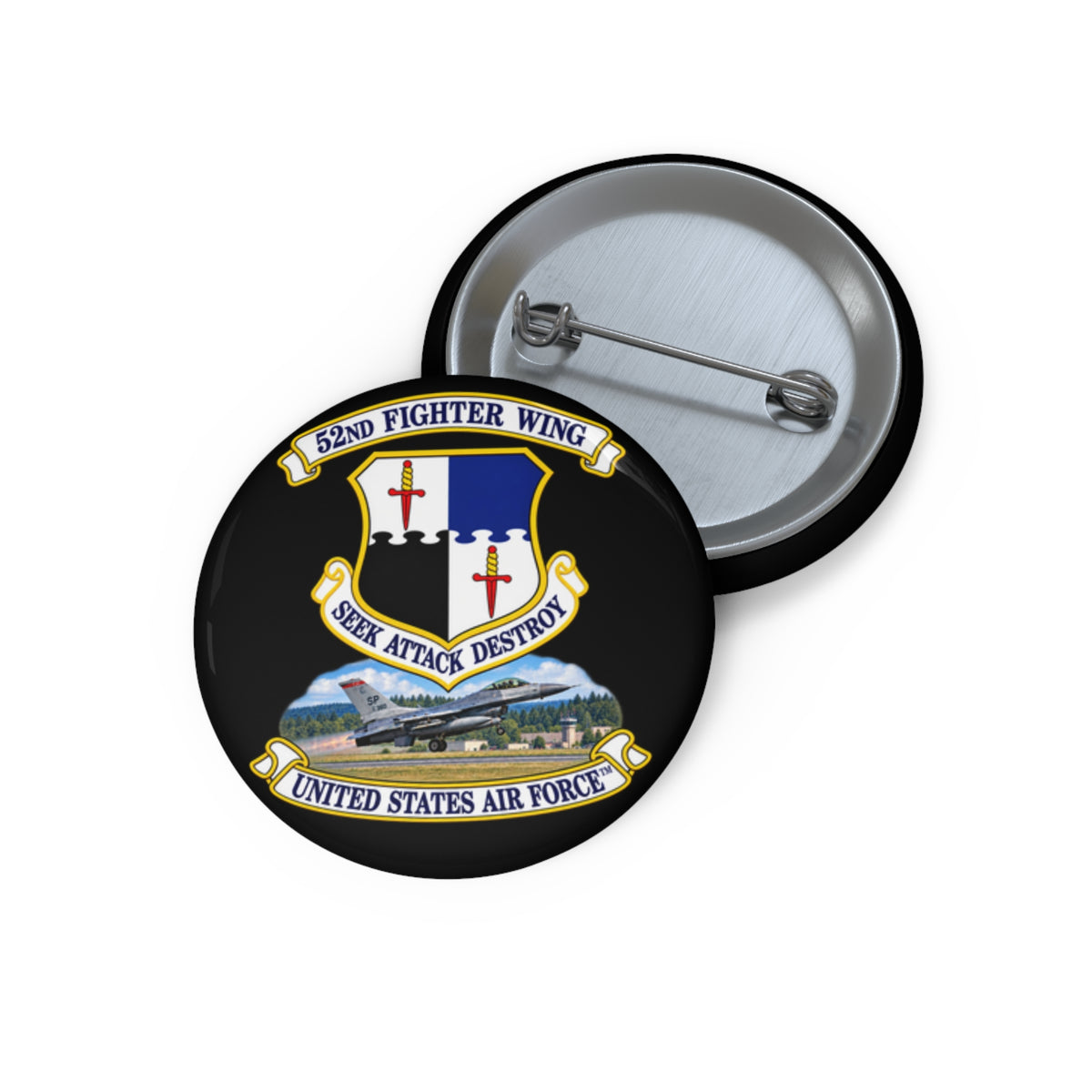 Custom Pin Button - 52nd Fighter Wing - Shield - United States Air Force w scene and TM