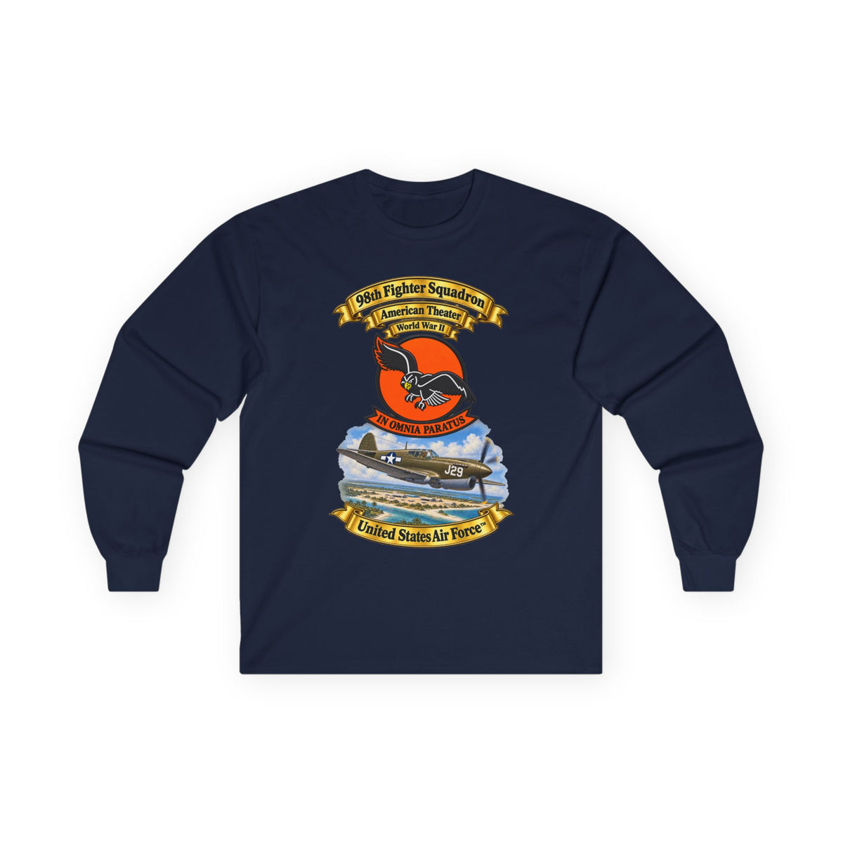 Unisex Ultra Cotton Long Sleeve Tee - 98th Fighter - Intceptor Squadron - SSI - American Theater - USAAF -w P40 Warhawk Scene - 3D - Transparent