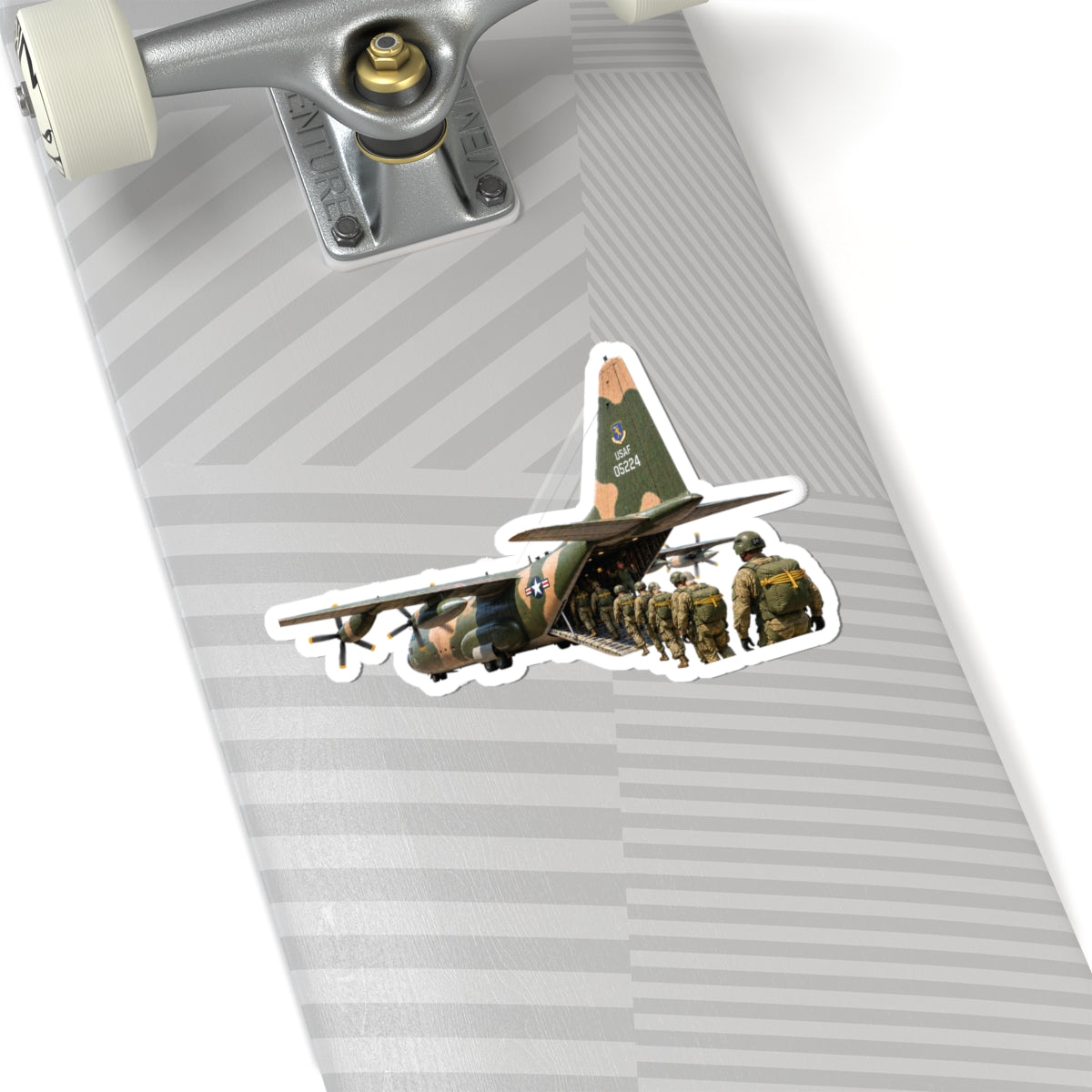 Kiss-Cut Stickers - C-130  Aircraft - Camo - Paratrooper Ramp Load Single Line