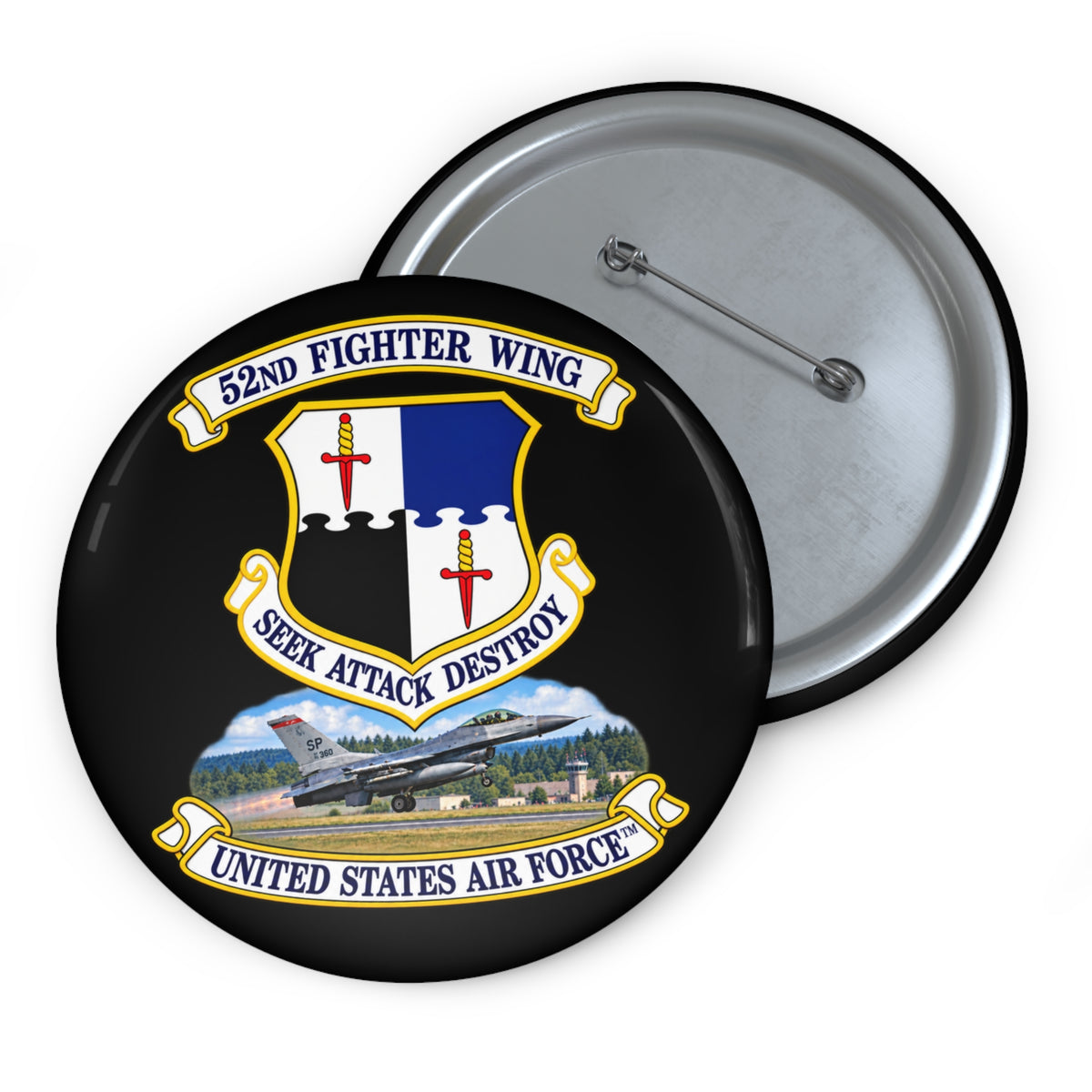 Custom Pin Button - 52nd Fighter Wing - Shield - United States Air Force w scene and TM