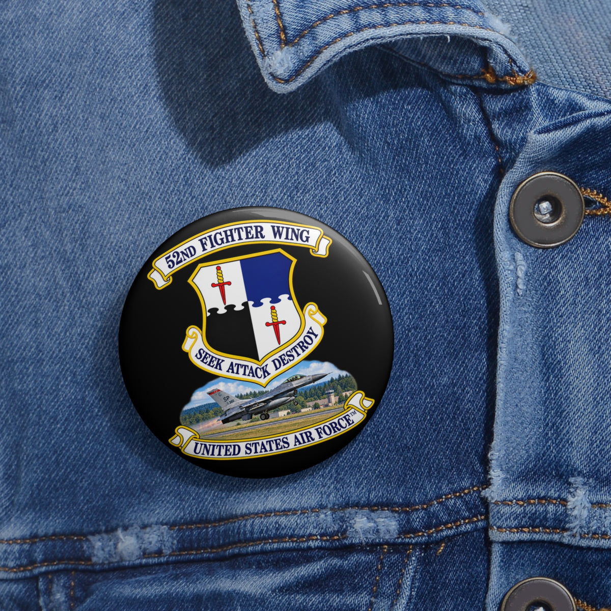 Custom Pin Button - 52nd Fighter Wing - Shield - United States Air Force w scene and TM