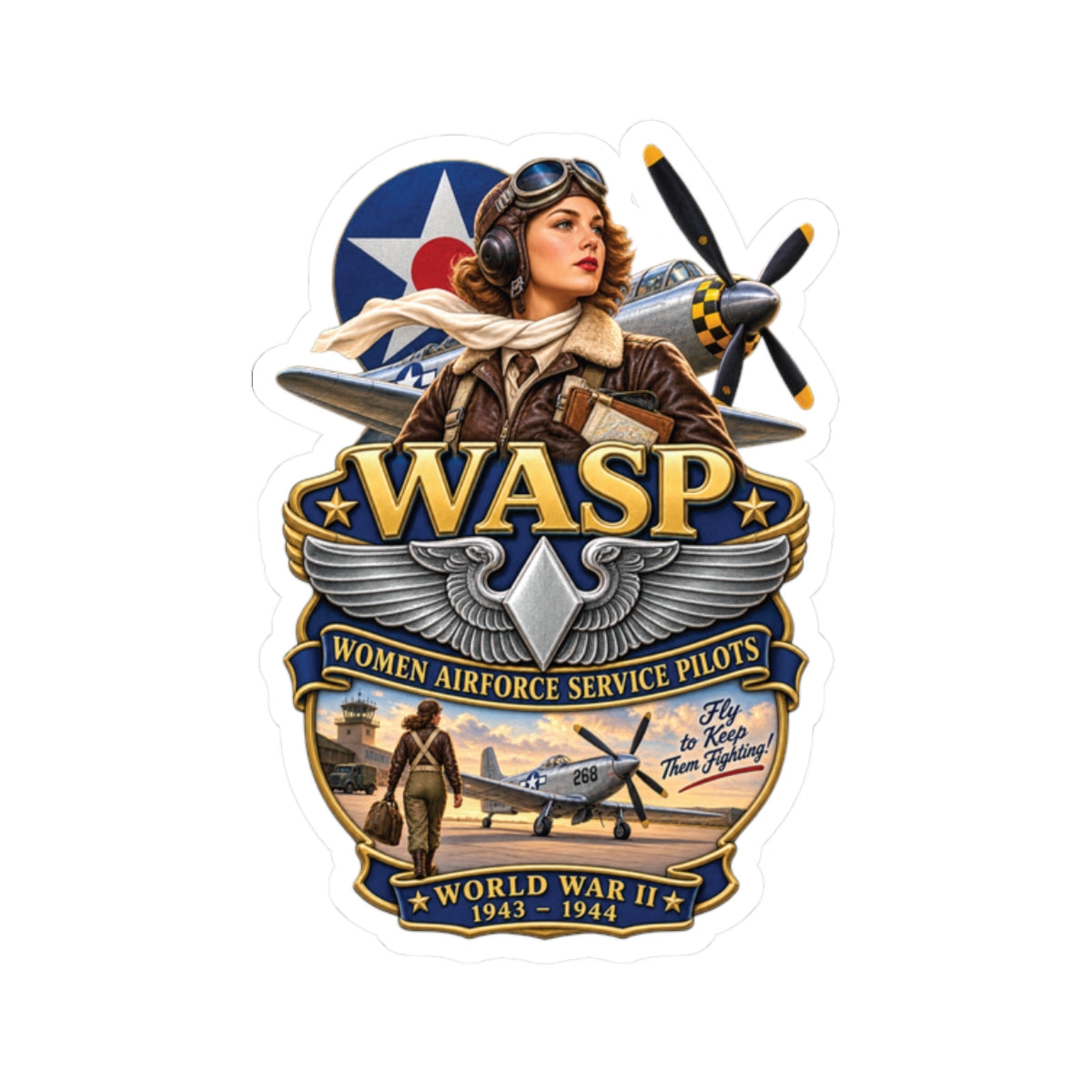 Kiss-Cut Stickers - WASP - Women Airforce Service Pilot - WWII - 3D - Enhanced
