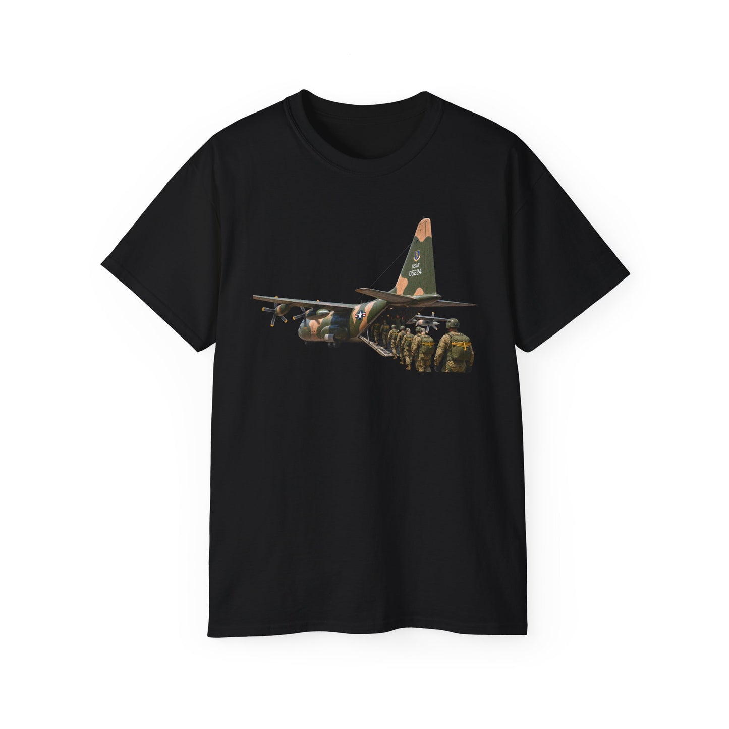 Unisex Ultra Cotton Tee - C-130  Aircraft - Camo - Paratrooper Ramp Load Single Line