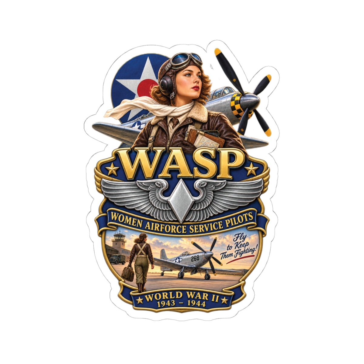 Kiss-Cut Stickers - WASP - Women Airforce Service Pilot - WWII - 3D - Enhanced