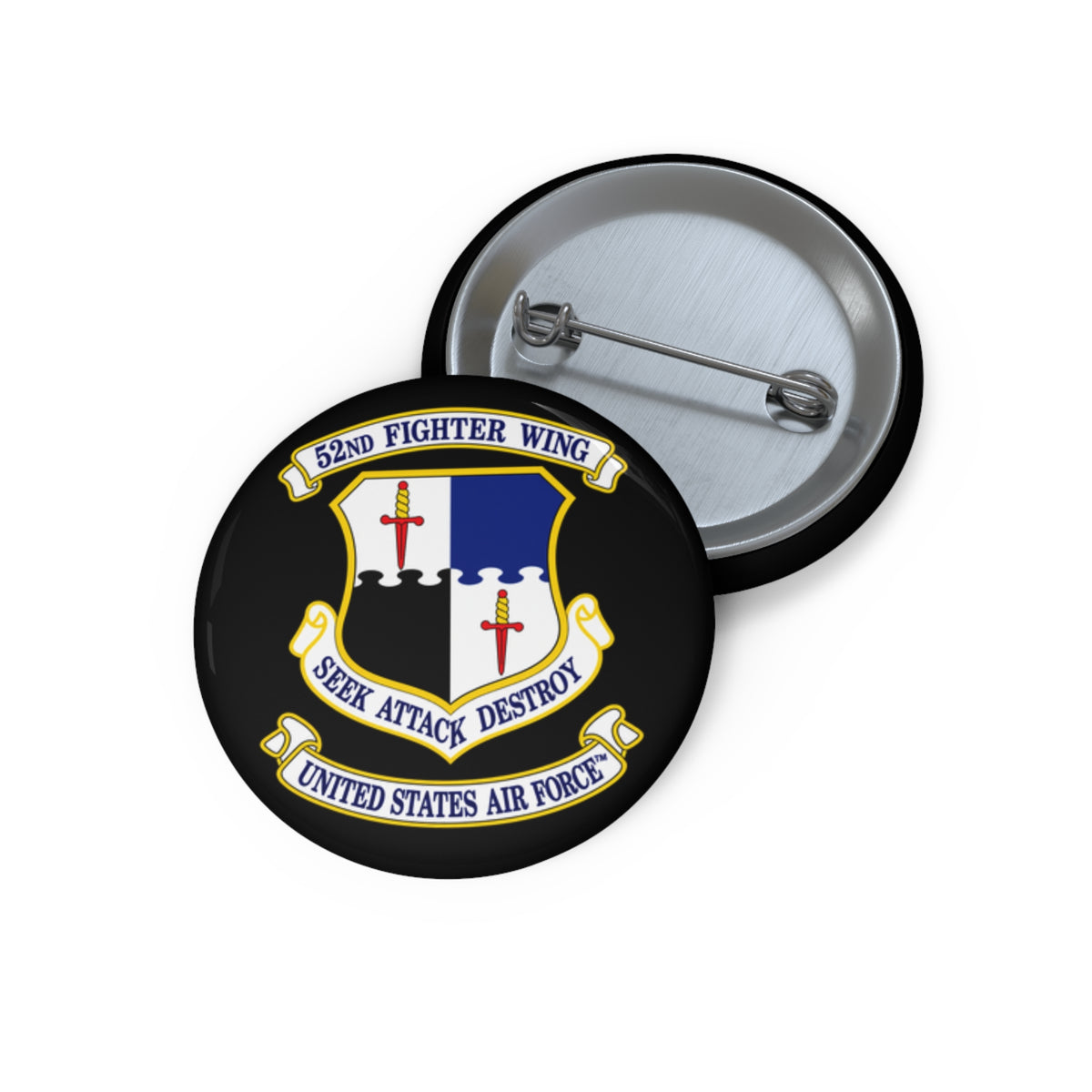 Custom Pin Button - 52nd Fighter Wing - Shield - United States Air Force w TM