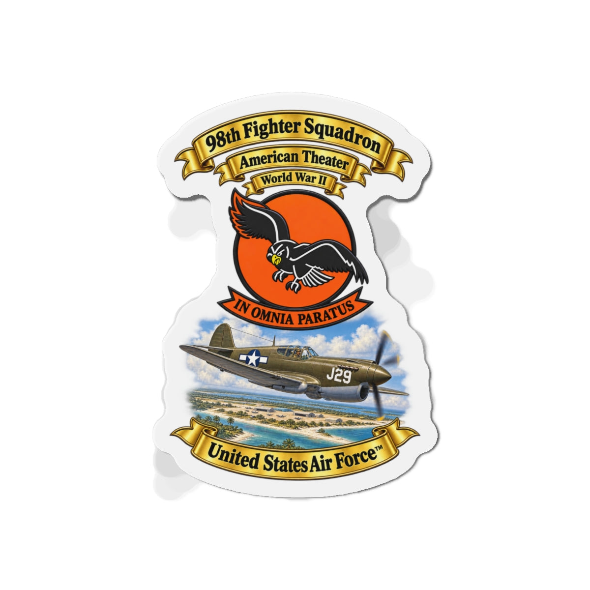 Die-Cut Magnet - 98th Fighter - Intceptor Squadron - SSI - American Theater - USAAF -w P40 Warhawk Scene - 3D - Transparent