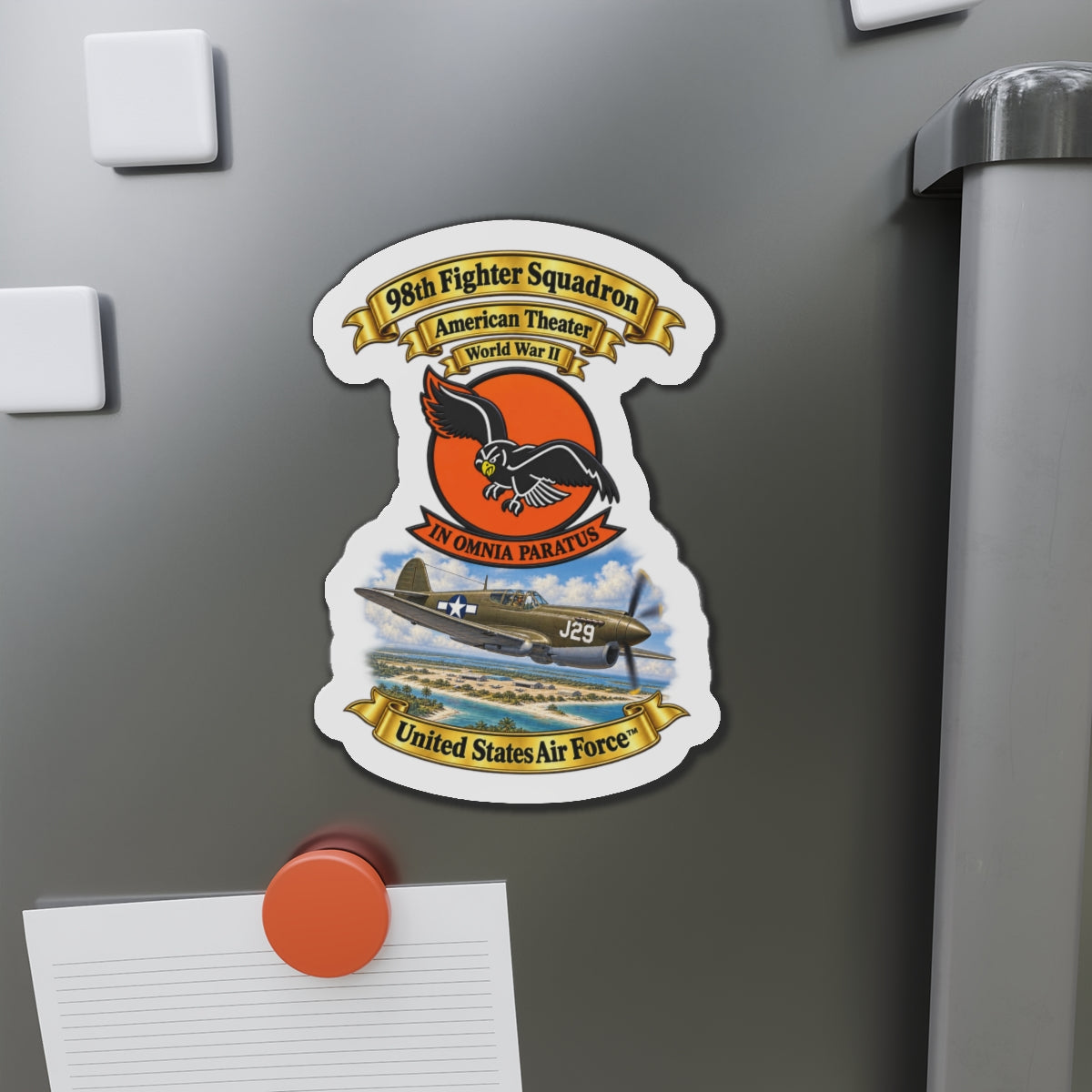 Die-Cut Magnet - 98th Fighter - Intceptor Squadron - SSI - American Theater - USAAF -w P40 Warhawk Scene - 3D - Transparent